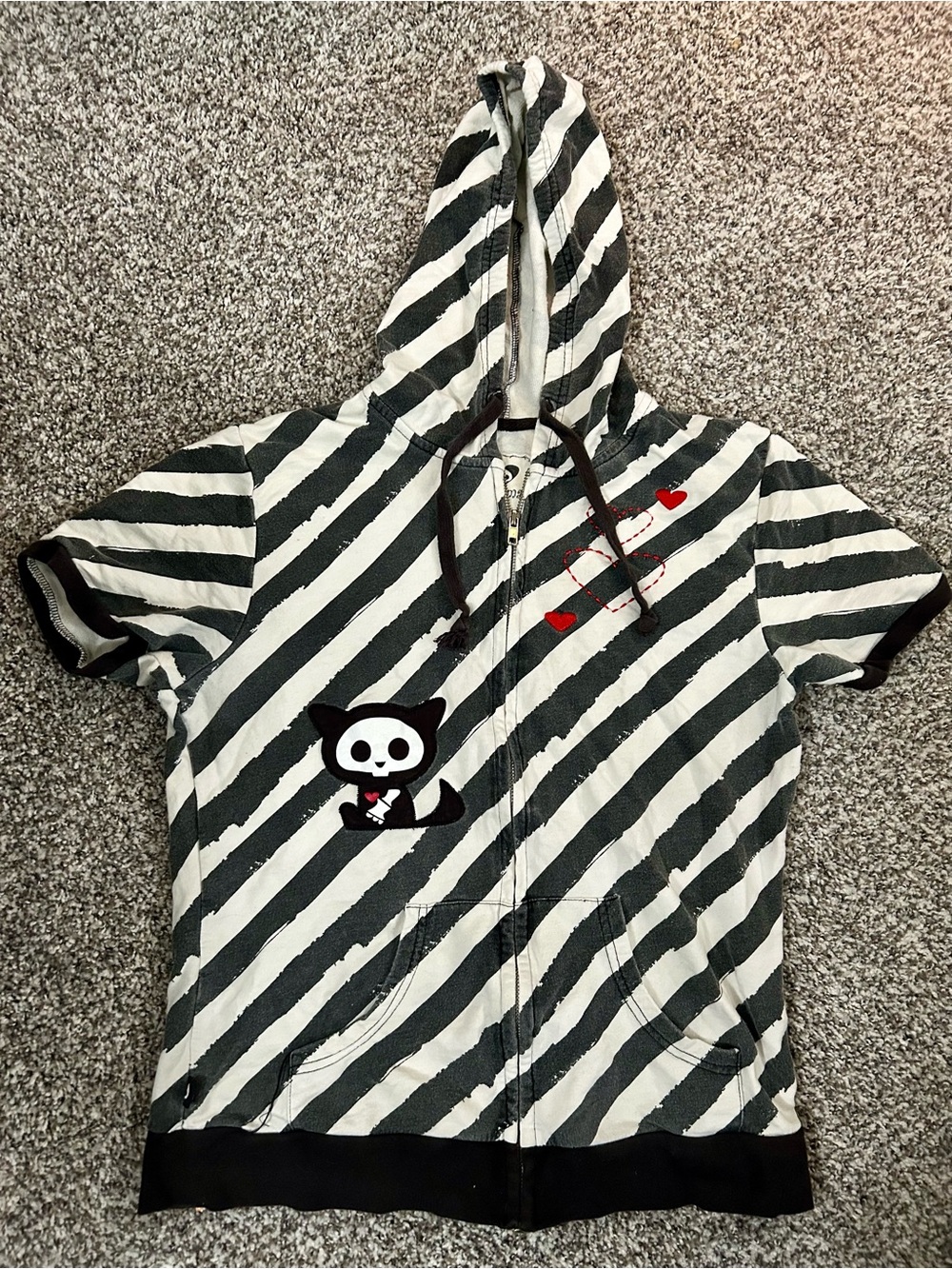 Skelanimals Kit the Cat Black & White Striped Hooded Short Sleeve Zip-Up